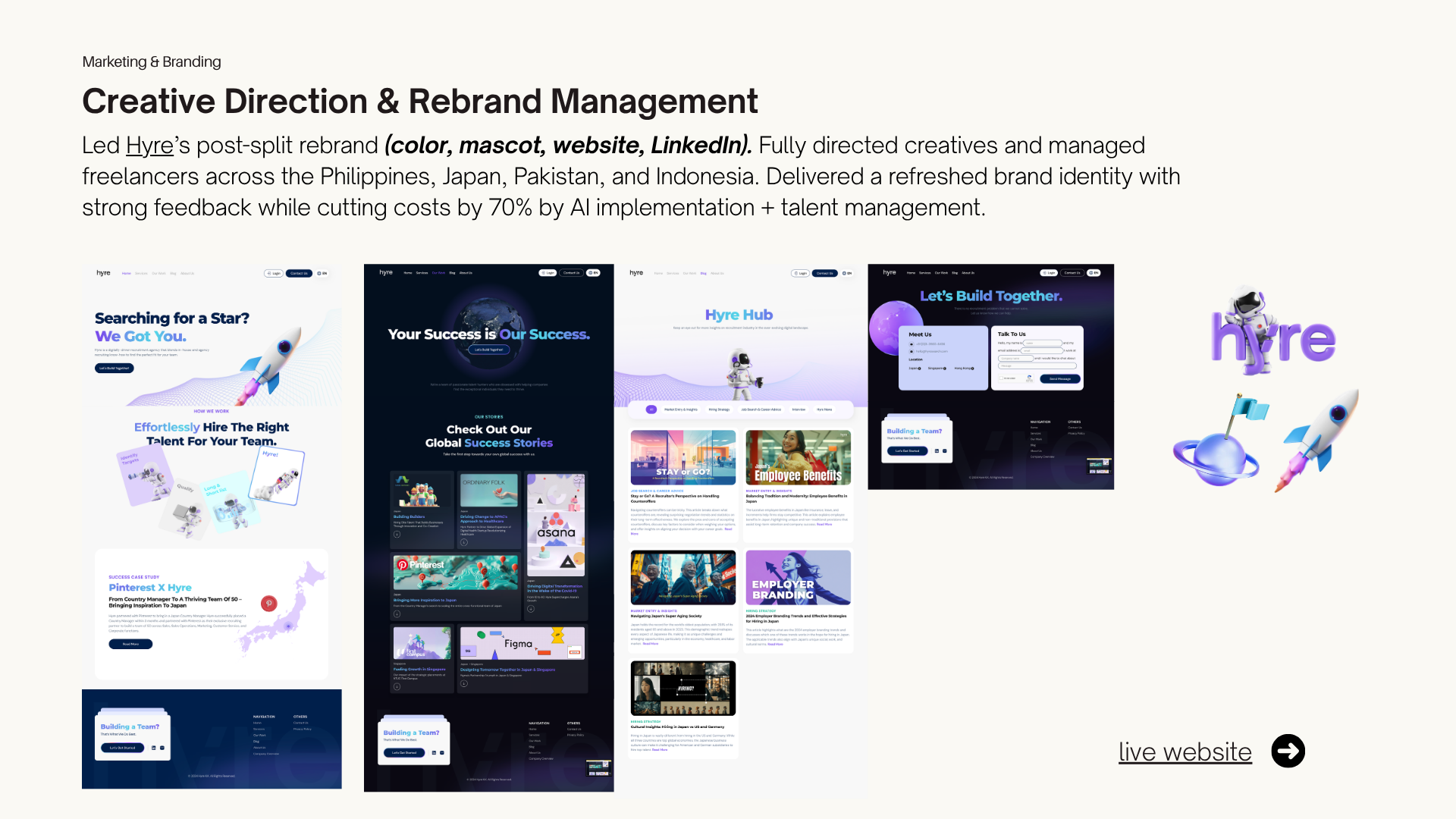 Hyre website redesign screens, before and after the post-split rebrand.