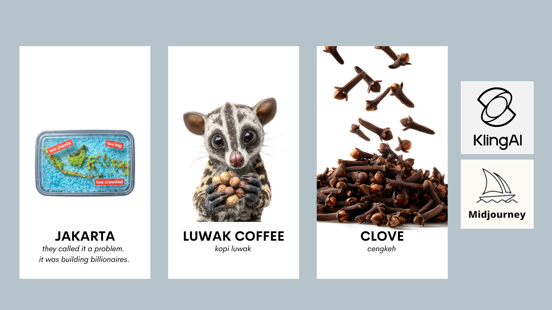 Indonesia Explained video cards: Jakarta, Luwak Coffee, and Clove.